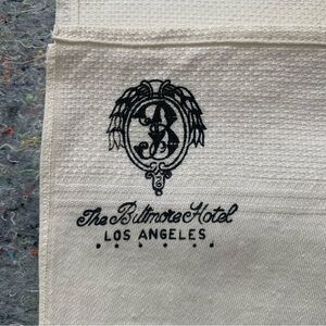 Antique The Biltmore Hotel Los Angeles white cotton hand towel with black logo